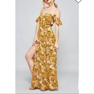 Mustard Floral Off-Shoulder Maxi Romper Slits